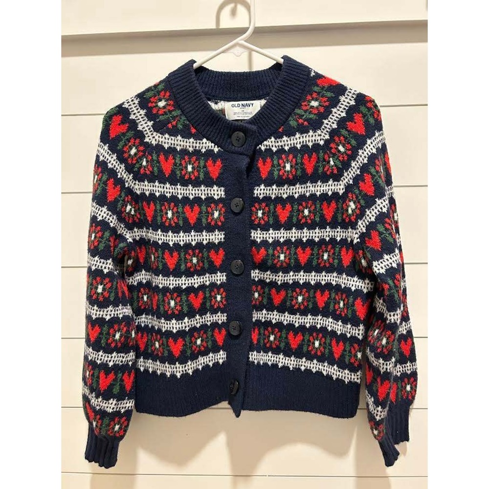 Old Navy Heart Print Cardigan XS Cozy Knit Holiday Sweater Navy Red Fair Isle